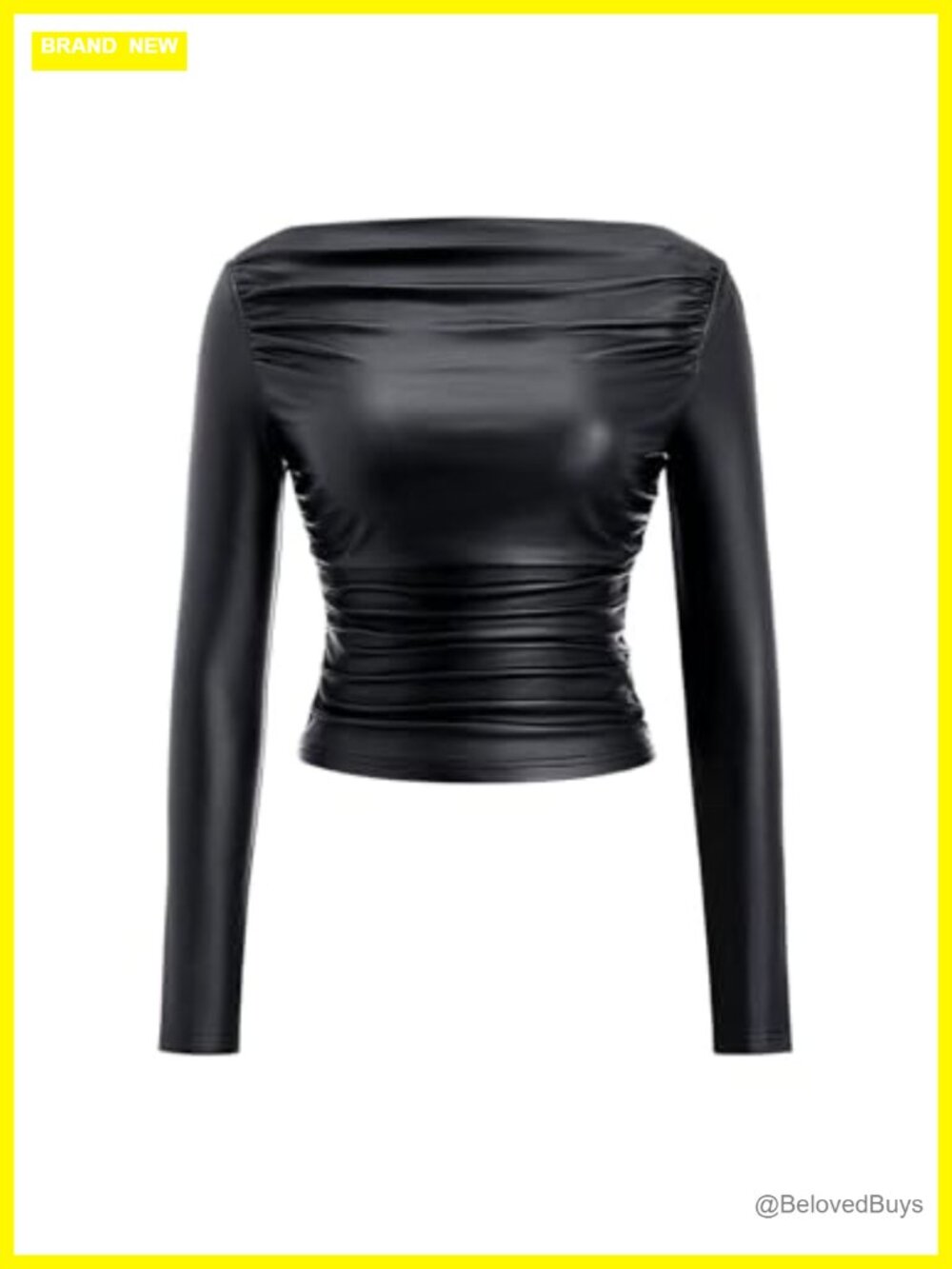 Women's Faux Leather Off Shoulder Long Sleeve Crop Top Ruched